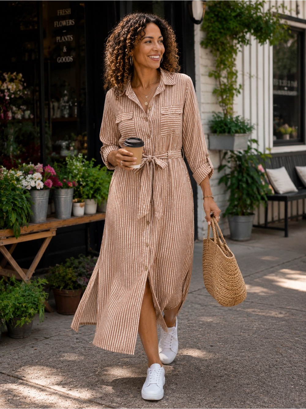 J. Gee Striped Tie-Waist Shirt Dress in Beige
